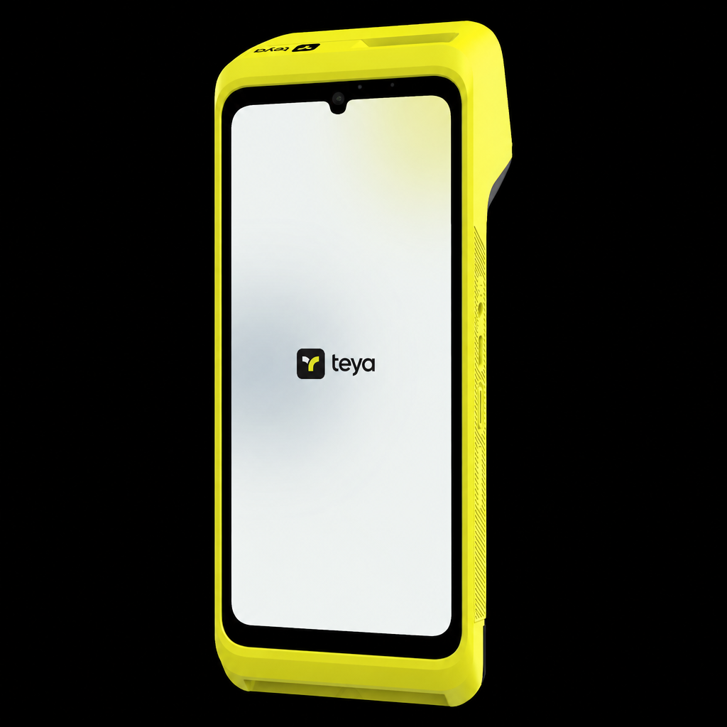 Yellow payment terminal with black background